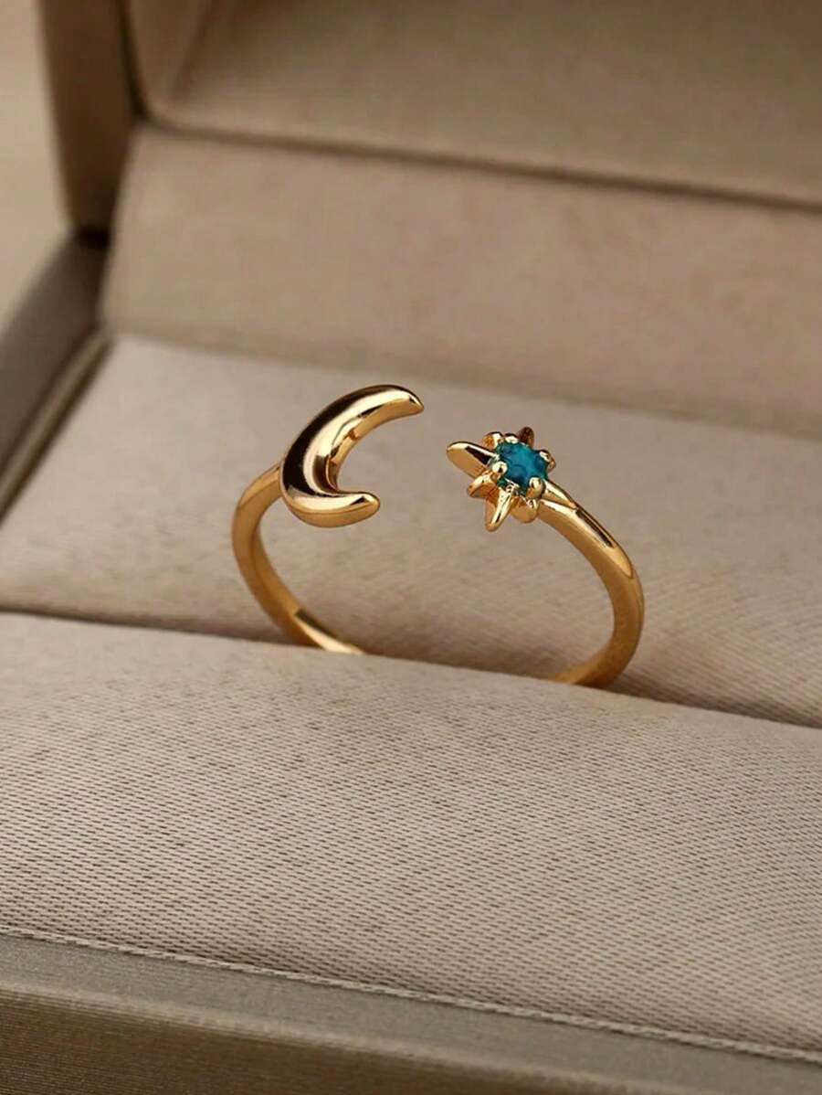 1pc Stylish Gold Plated Glow In The Dark Moon & Star Open Ring, Suitable For Women's Daily Wear, Jewelry Gift