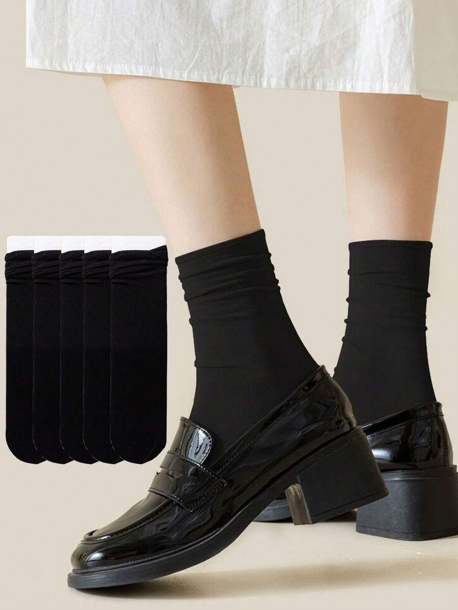 5pairs Women's Icy Black Ruffle Cuff Crew Socks, Thin & Breathable, No Show Bones, Cool In Summer