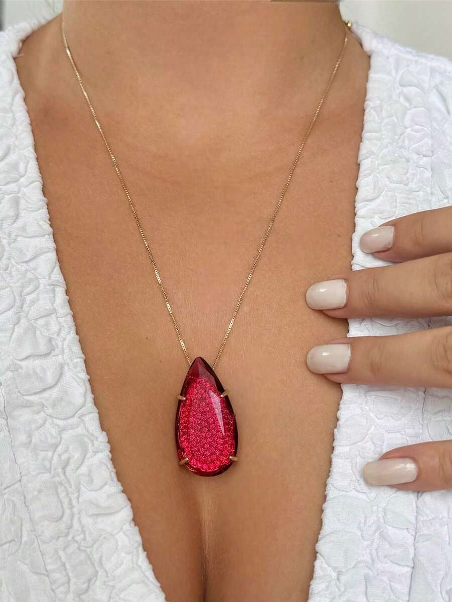 Colar Prata semi joia com pingente de gota com pedras micro zircônia/ Azul, verde, vermelho