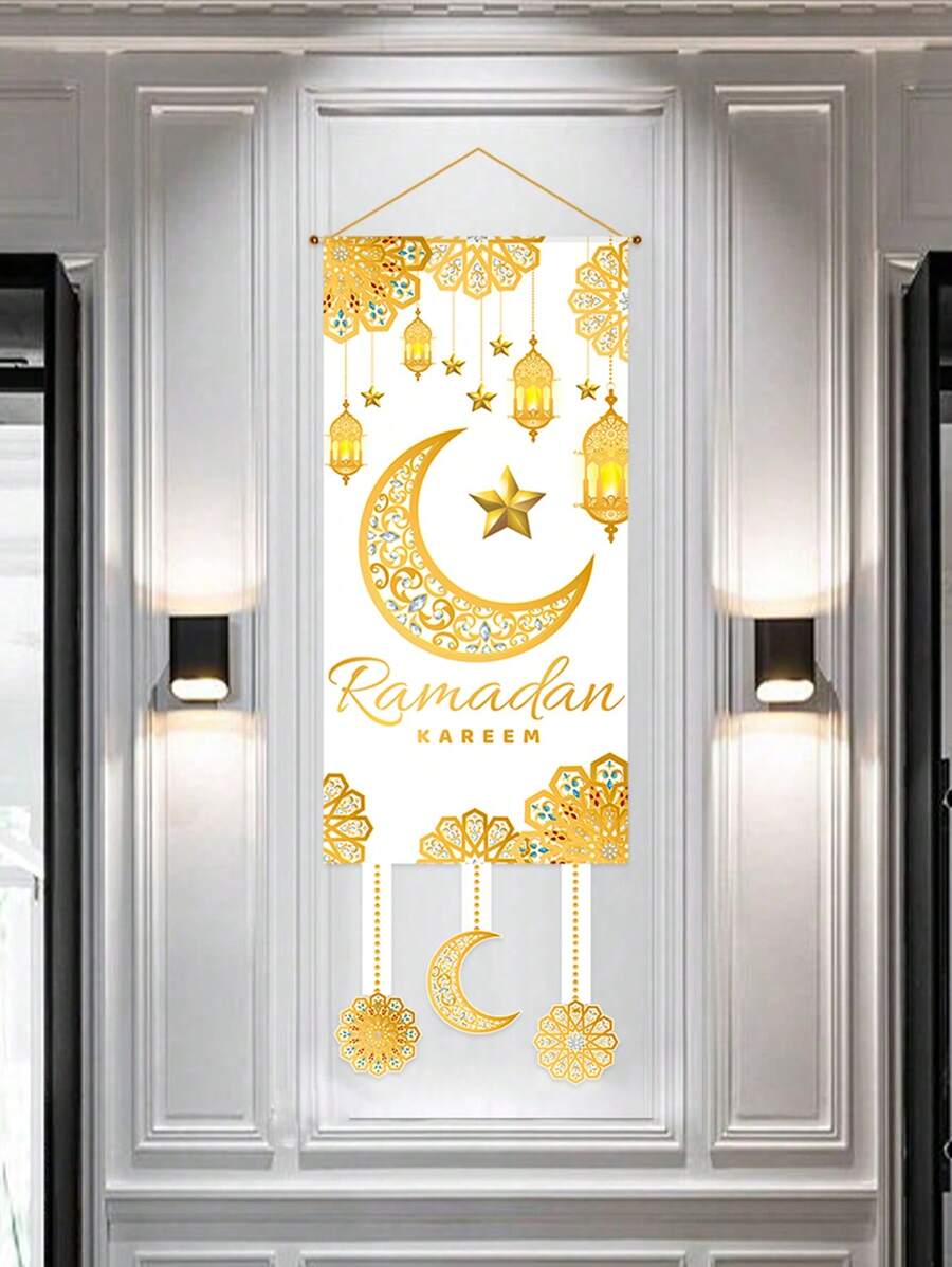 1 pieza Bandera de satén de 39 * 110 cm, ideal para actividades familiares y decoración de fiestas, con estampado de luna y estrella doradas, decoraciones perfectas para el Ramadán, Ramadán, Eid Mubarak
