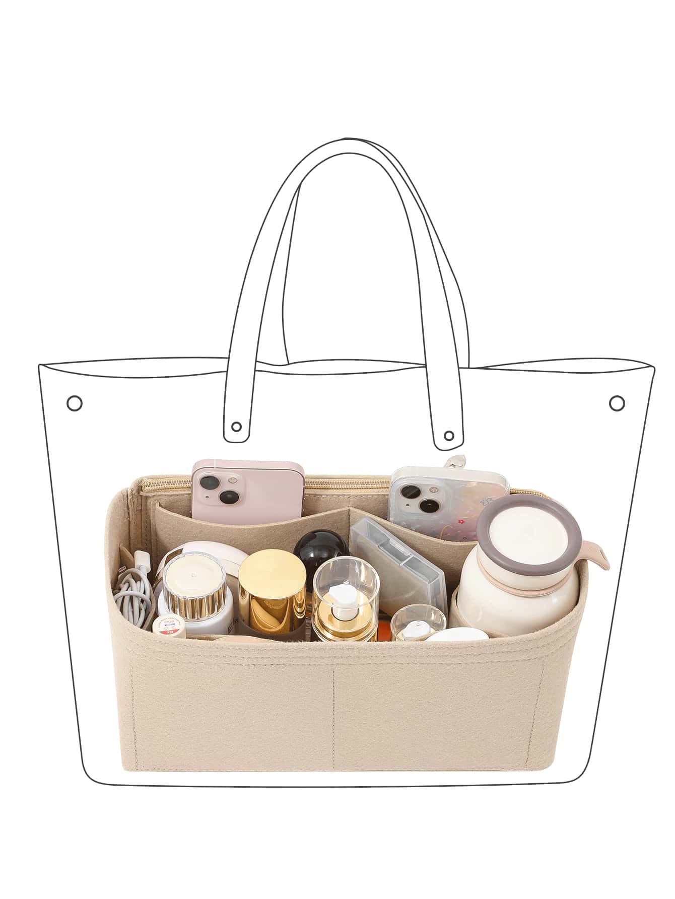 1PC Multi Grid Felt Portable Storage Bag, Cosmetics Storage Bag, Exquisite Inner Liner Bag, Fashionable Multi Grid Storage Bag, Neat Lines, Neat Packaging, Suitable For Backpack Organization And Carrying, For Lipstick, Brush, Skincare, Mobile Phone, Coin, Small Items, For Home, Gift, Vacation And Festival Halloween Christmas Multifunctional Use,Boho Vibes