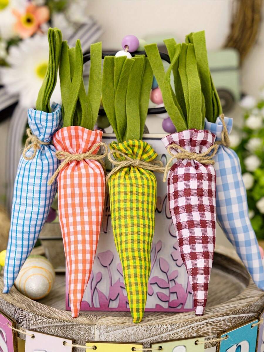 5pcs/Set Easter Artificial Fabric Carrots, Plaid & Carrot Pattern, Colorful Handmade Fill Easter Carrot Holiday Decorations Gifts Birthday Graduation