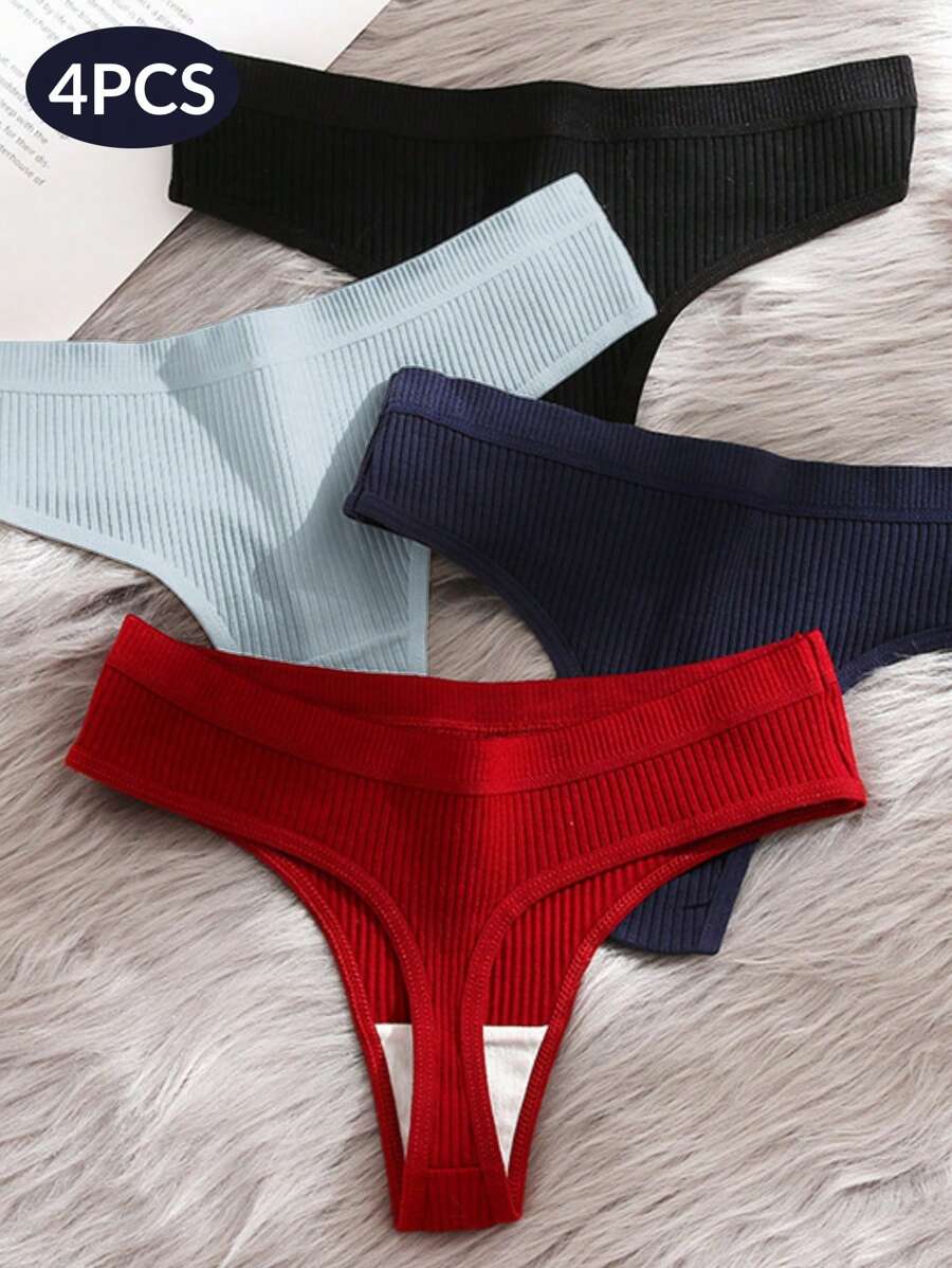 4 stuks/verpakking effen gekleurde teenslippers voor dames, zacht, ademend, hoge elasticiteit, comfortabele huidvriendelijke dagelijkse slijtage, extra brede tailleband met geribbelde, lage taille