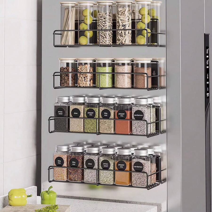 4Pcs Strong Magnetic Spice Rack Organizer Fridge Storage Shelf For Jars Seasoning Tins Utensils Space Saver Holder For Refrigerator Microwave