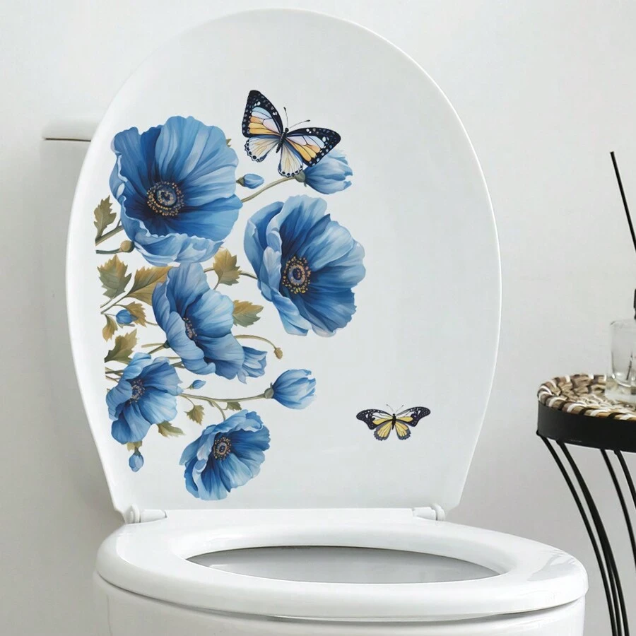 1pc Blue Watercolor Flower & Butterfly Toilet Sticker, Stickers, Wall Decal, Vinly Decal For Home Decorations, Spring Decoration Items Refresh Your Home, Festival Decoration Stickers Gifts Birthday Graduation
