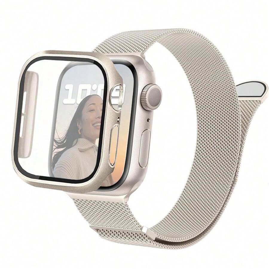 1 Set Fashion Trendy 3-In-1 Magnetische Roestvrijstalen Milanese Horlogeband & Case Film Combo Met Dubbele Rij Strass-steentjes Compatibel Met 38mm 40mm 41mm 45mm 44mm 42mm 46mm 49mm, Ultra Series Ultra 9 8 7 6 5 4 3 2 1 SE Series 10, Comfortabele Ademende Vervangende Band, Krasbestendige Waterdichte Schokbestendige Horloge Beschermhoes Voor Vrouwen En Mannen