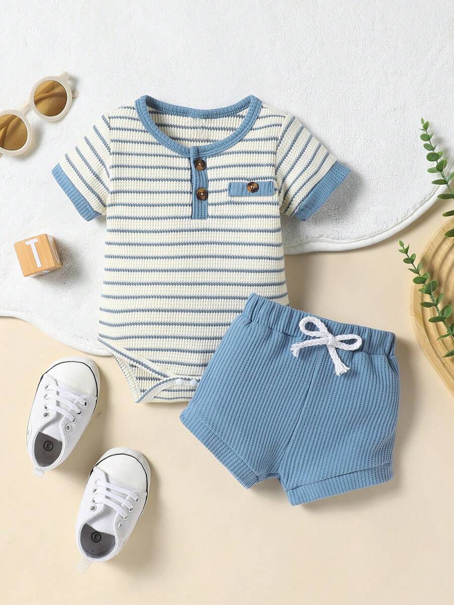 Conjunto de 2 piezas de mono de rayas casual y pantalones cortos de unicolor para recién nacidos niños, para verano