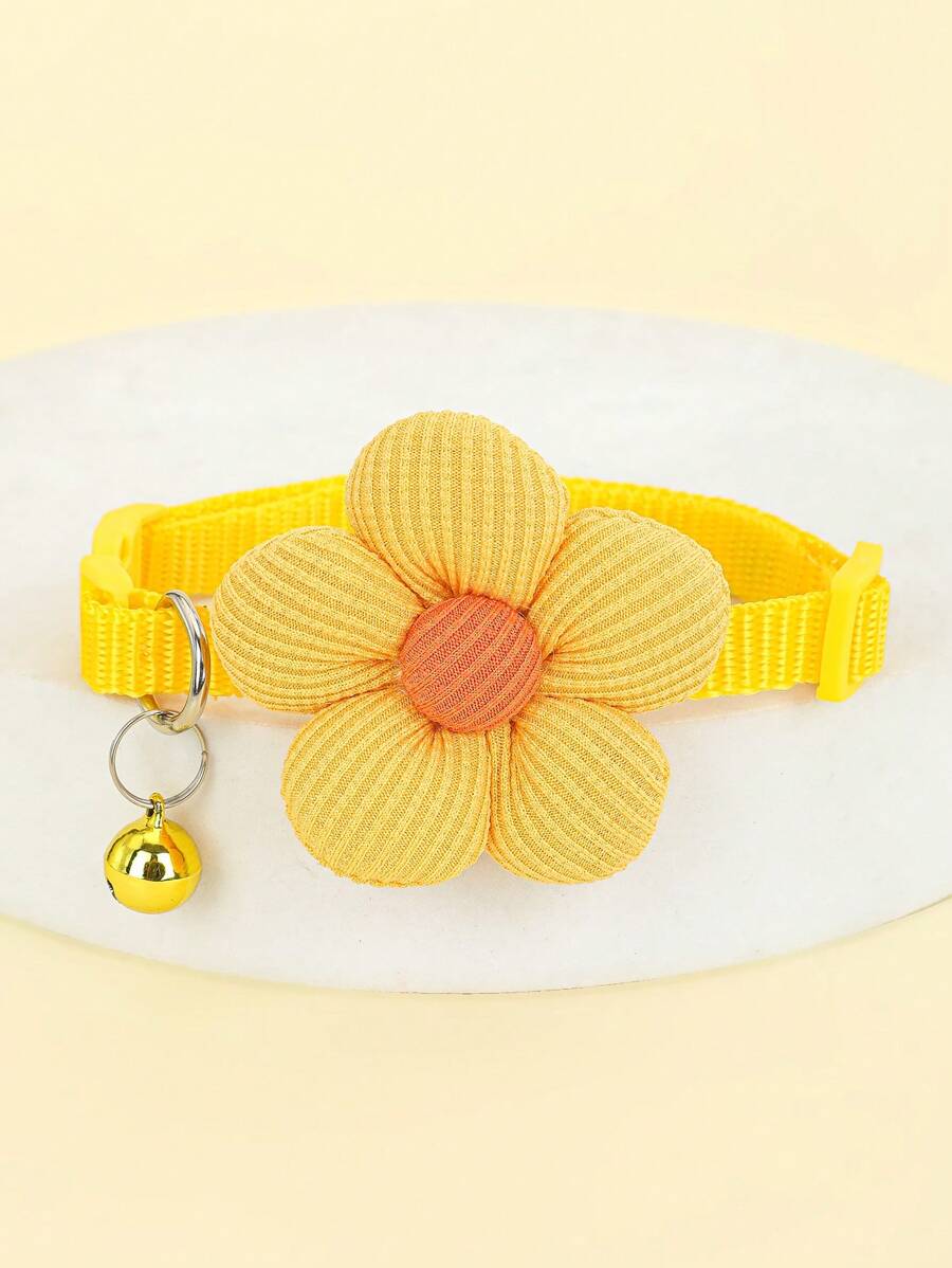 1pc 3d Floral Bow Knot Pet Collar With Bell For Small Dogs And Cats, Yellow