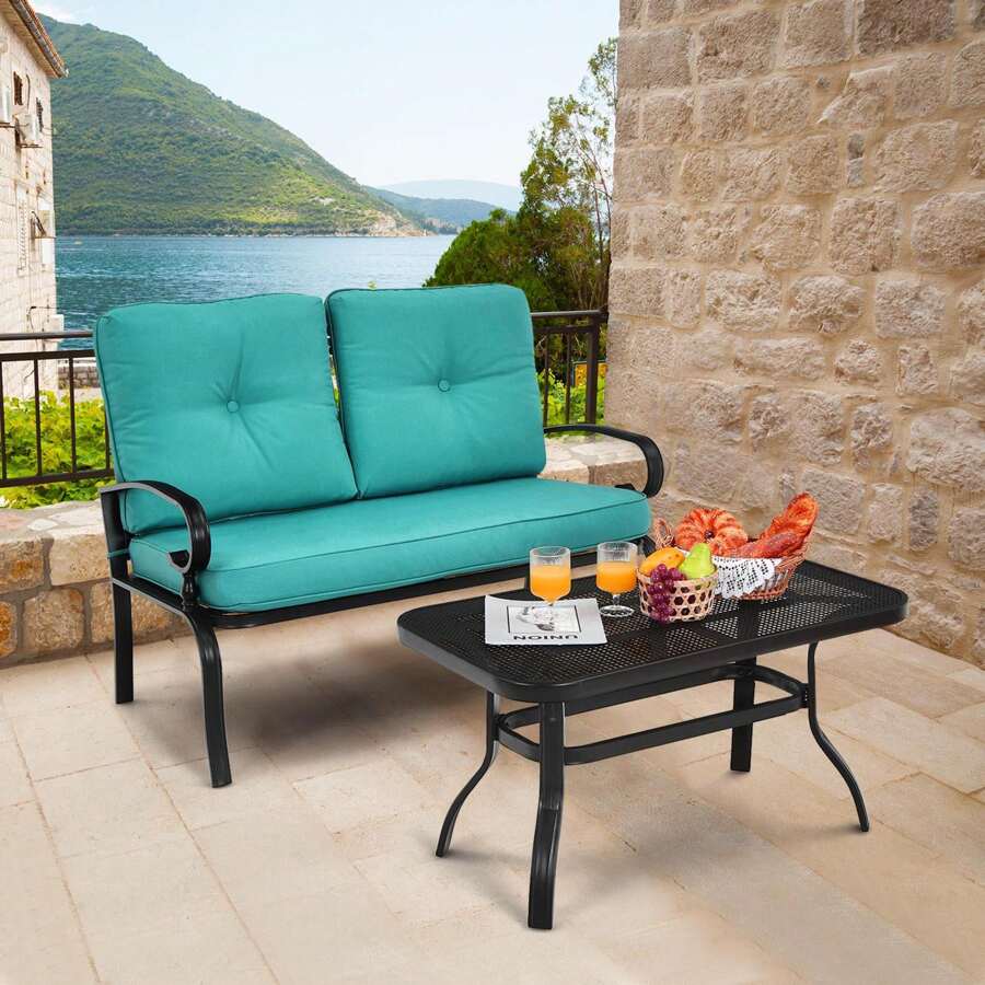 Gymax 2PCS Patio Loveseat & Table Set Conversation Sofa Set W/ Turquoise Cushions