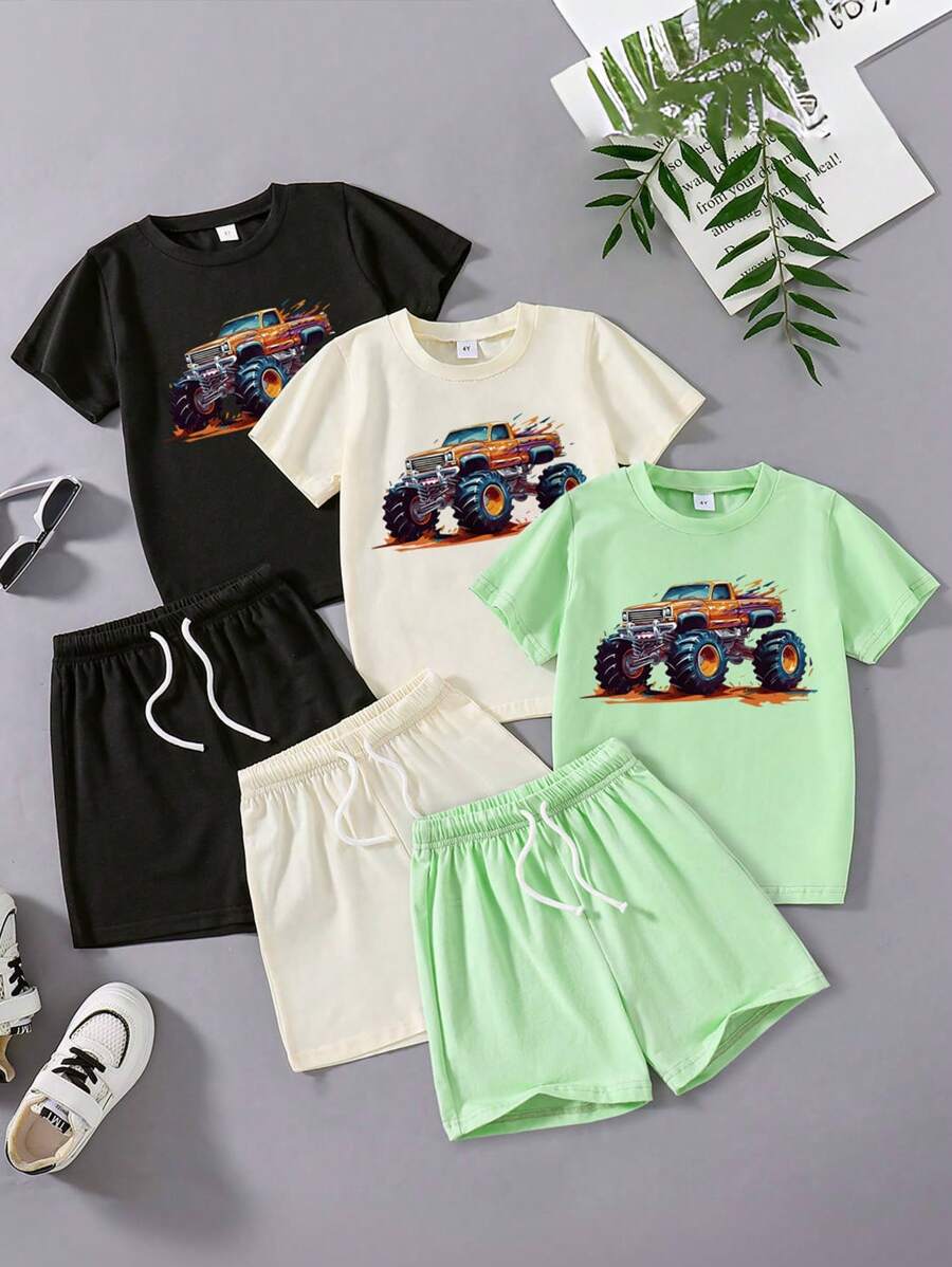 Young Boy 3pcs Car Print Short Sleeve T-Shirt And 3pcs Drawstring Shorts Set