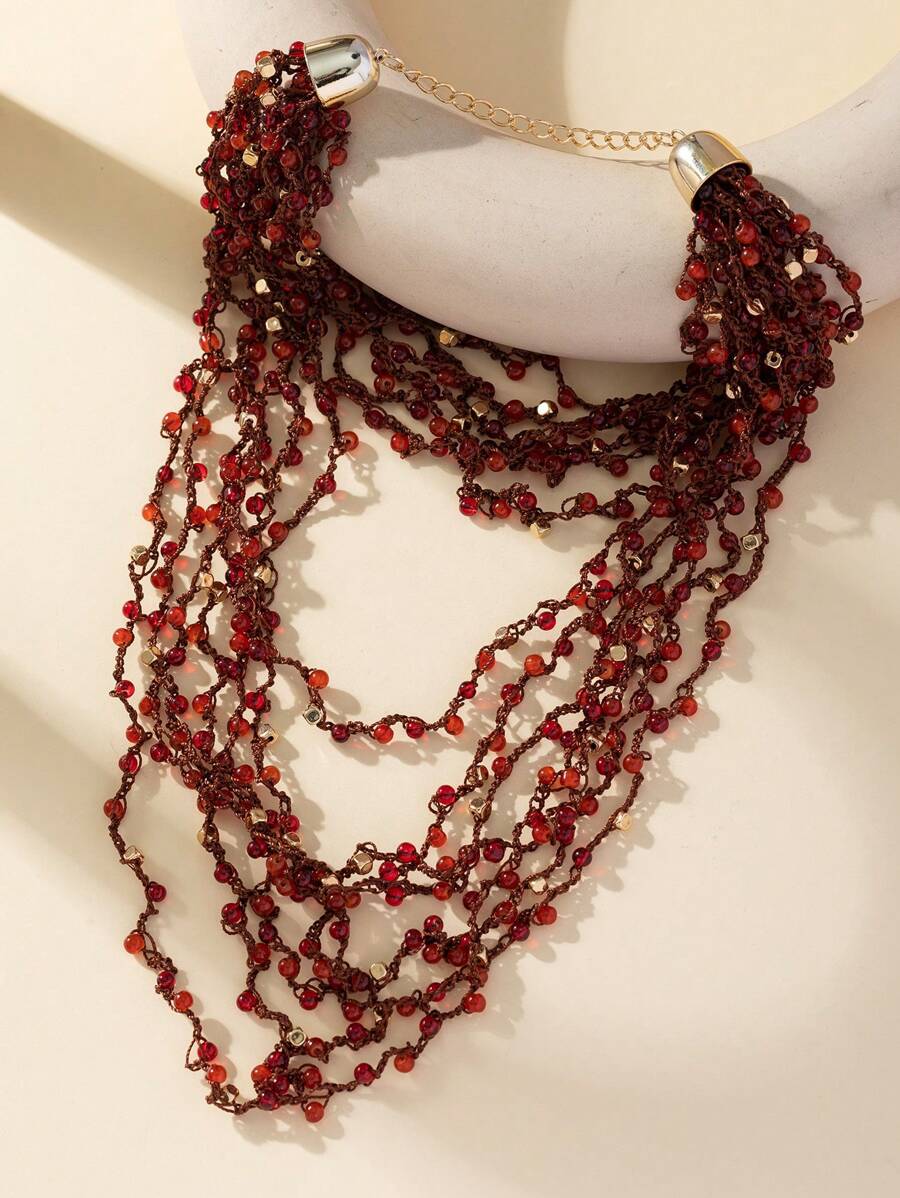 1 pieza Collar rojo de múltiples capas hecho a mano al crochet con nudos, adecuado para uso en días festivos y uso diario