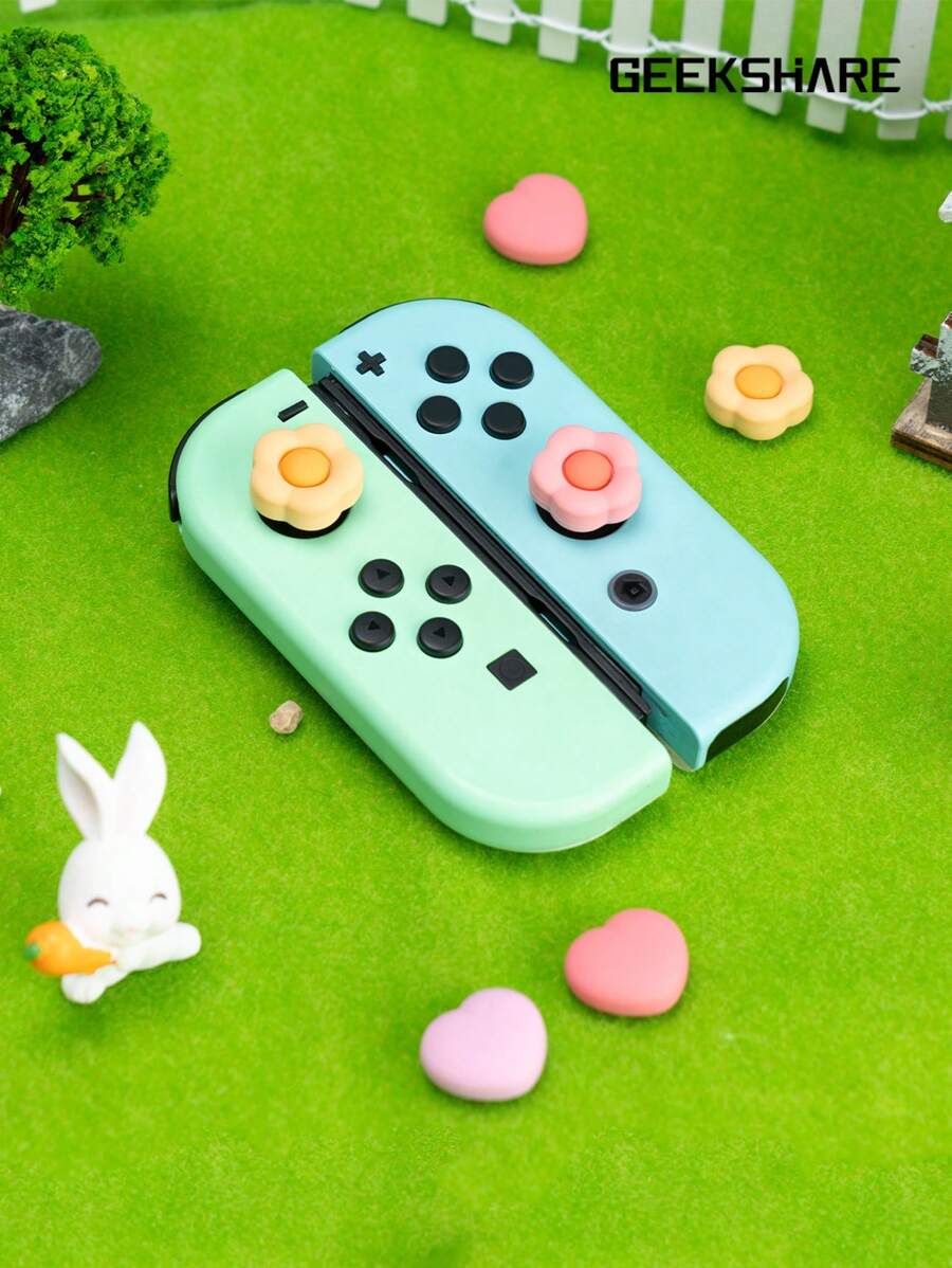 GeekShare 4pcs/Set Heart & Flower Pattern Thumb Grip Caps Compatible With Switch/Oled/Switch Lite, Game Console Controller Accessory