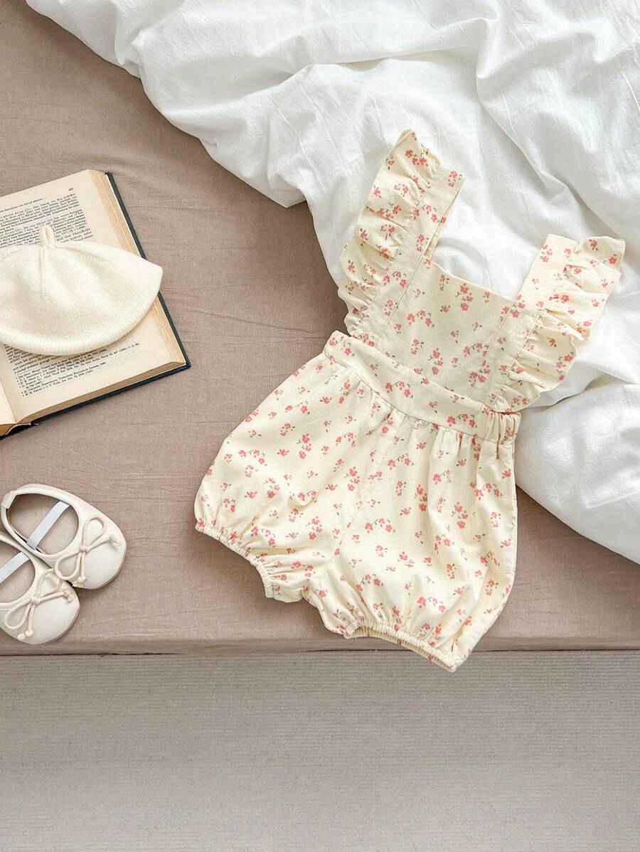 Baby Girl Floral Pattern Ruffle Trim Strap Bodysuit, Spring