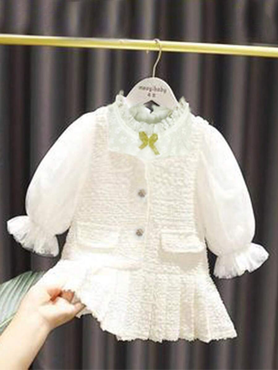 Young Girl's Lace Spliced Pleated Hem Dress For Spring And Autumn