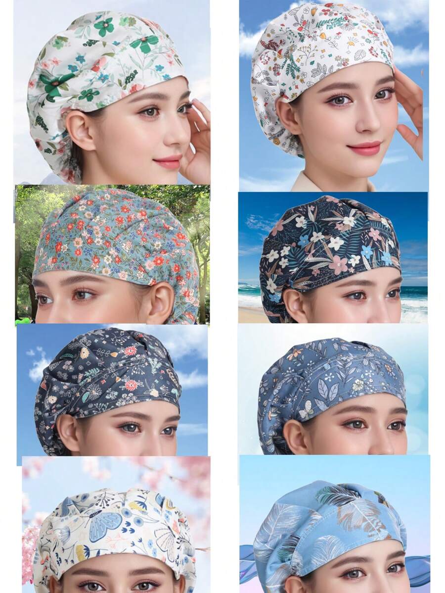 1 Pieza Gorro De Cocinero De Cocina Para Cocinar, Gorras De Sujeción De Cabello Para Enfermeras De Uniforme Ajustable De Calavera, Con Patrón De Frote De Restaurante Respirable Y Ajustable. Gorro Profesional Lavable Y Estampado Con Flores, Para Trabajo, Viajes, Escalada, Montar A Caballo, Fiesta O Uso Diario.