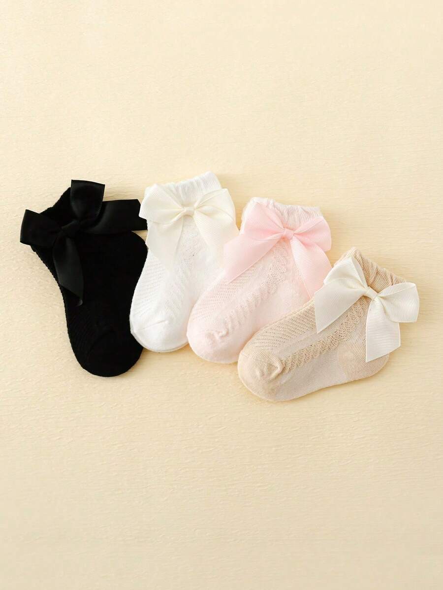 4pairs/Set Baby Girls' Mesh Socks With Small Bow For Spring And Summer