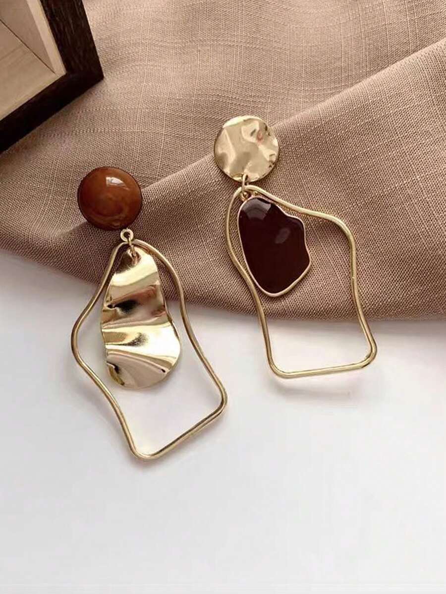 1pair Stylish Asymmetrical Geometric Design Dangle Earrings With Resin Drop And Splice Colors, Four Seasons New Fashion Jewelry