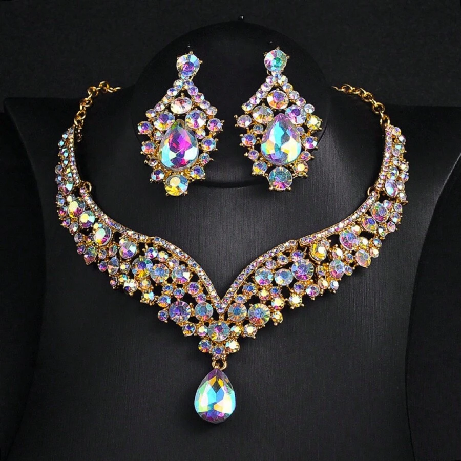 New Spring 2024 2pcs/Set Women's Necklace & Earrings Set, European & American Style, Elegant & Glamorous, Rhinestone Inlaid, Bridal Wedding Jewelry, Clavicle Chain & Earrings