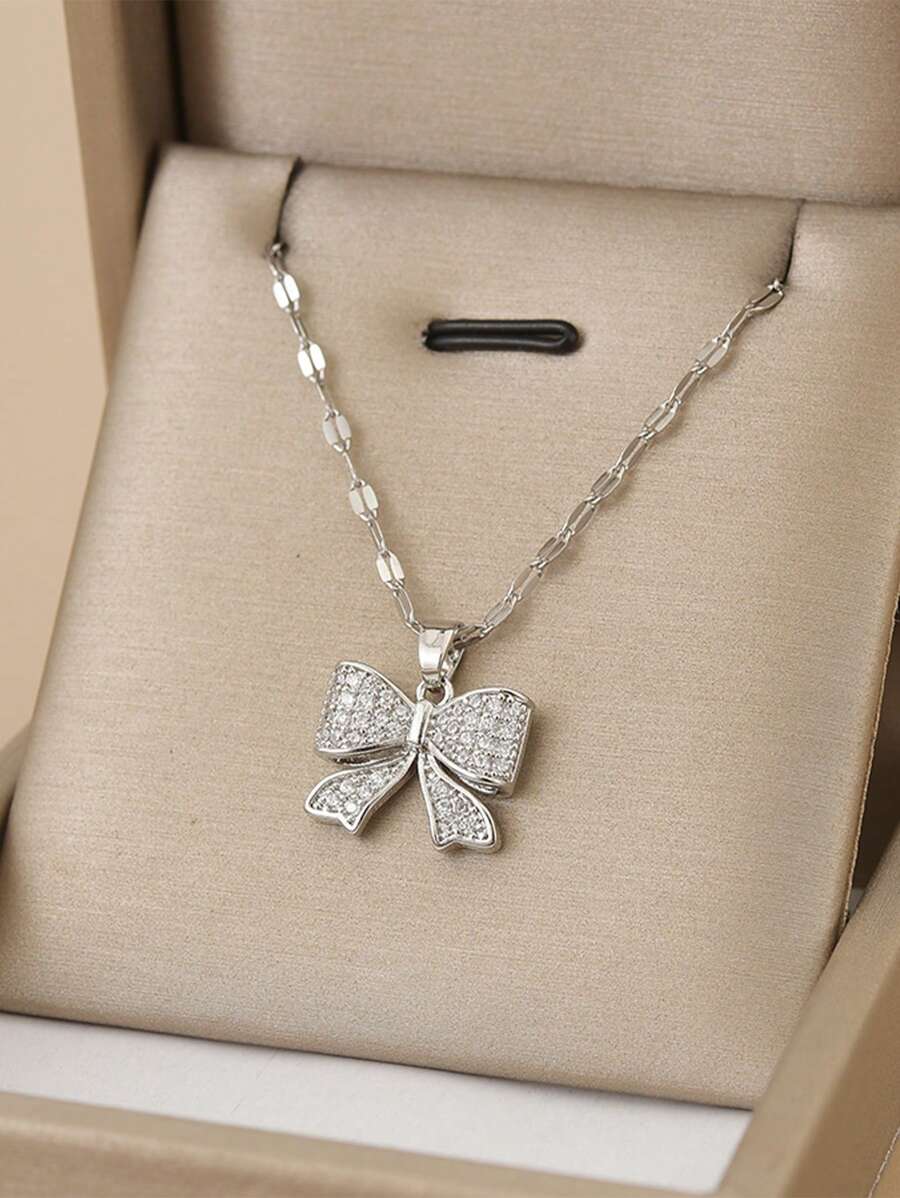 1pc Full Crystal Bowknot Stainless Steel Necklace For Women Valentines
