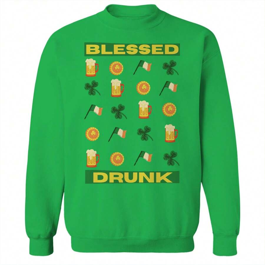Nearly There Flag Clover Beer Graphic Irish Green Unisex Cotton Pullover Sweatshirt