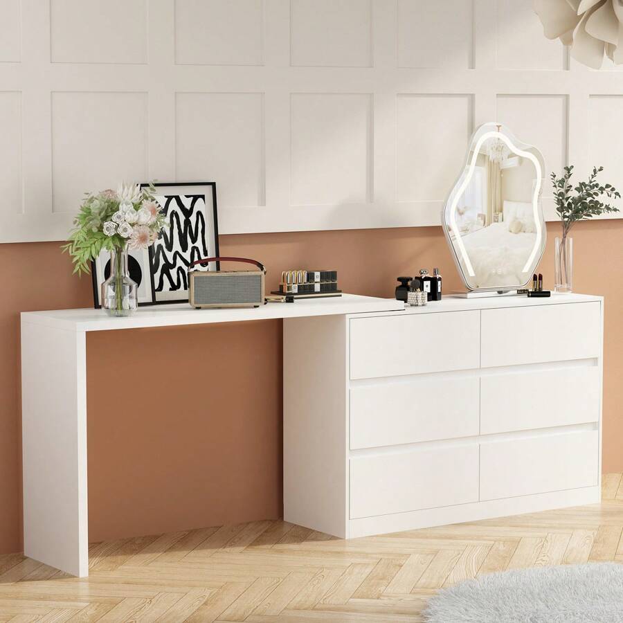 Modern Corner Makeup Vanity Table With 6 Spacious Drawers, 51" Vanity Desk Dressing Table Computer Desk For Bedroom