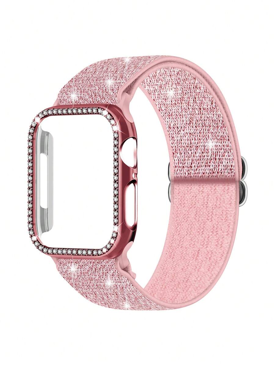 2packs Protective Case And Watch Bands For 38 40 41 42 44 45 46 MM Compatible With Apple Watch Series 10 9 8 7 SE 6 5 4 3, Inlaid With Sparkling Rhinestone, Plating Black/Silvery/Golden, With BlingBling Stretchy Loop Wrist Straps, Best Accessories Set