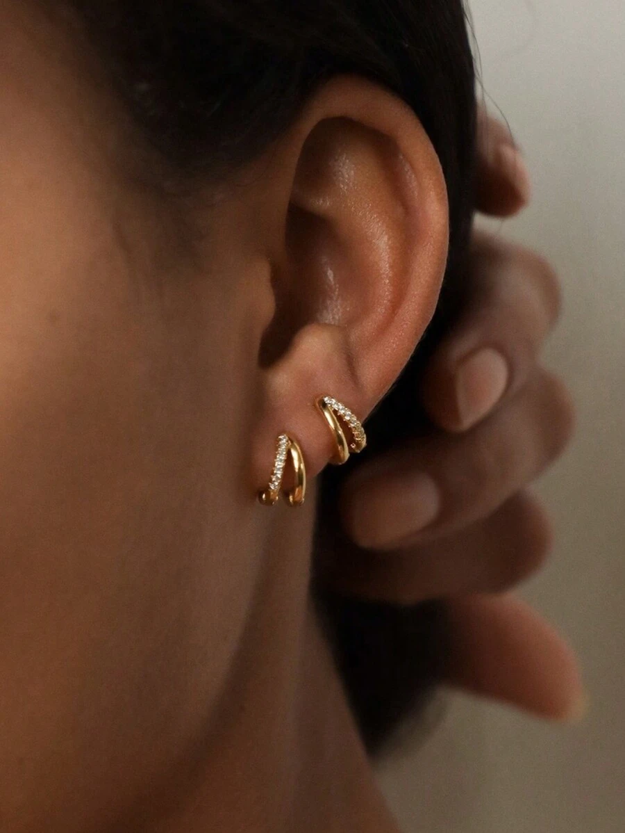 2pcs Simple Copper & Cubic Zirconia Hoop Earrings Set For Women, Suitable For Vacation, Dating, Gifts And Daily Wear
