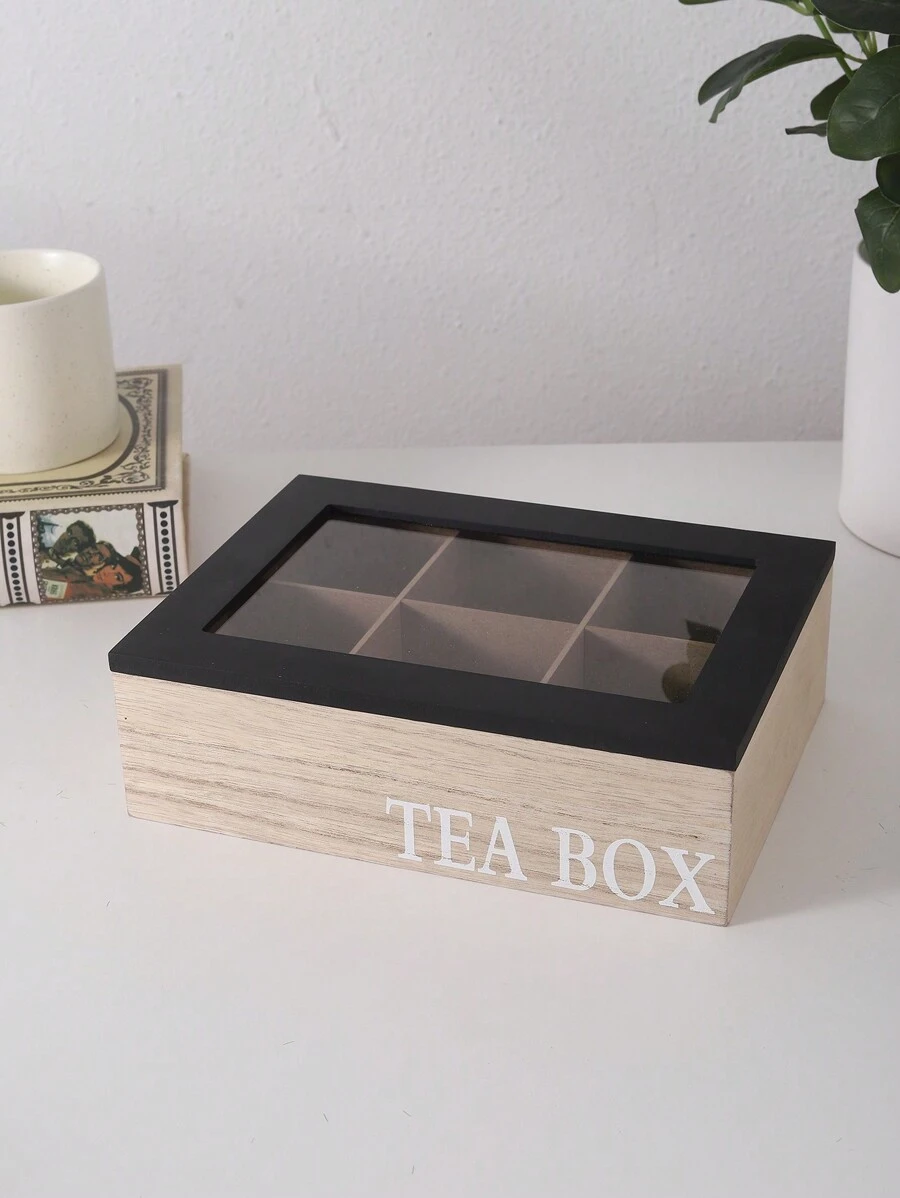 Une boîte à thé en bois avec des compartiments pour les sachets de thé et les paquets de café, avec un couvercle en verre transparent. Idéal pour la rentrée scolaire