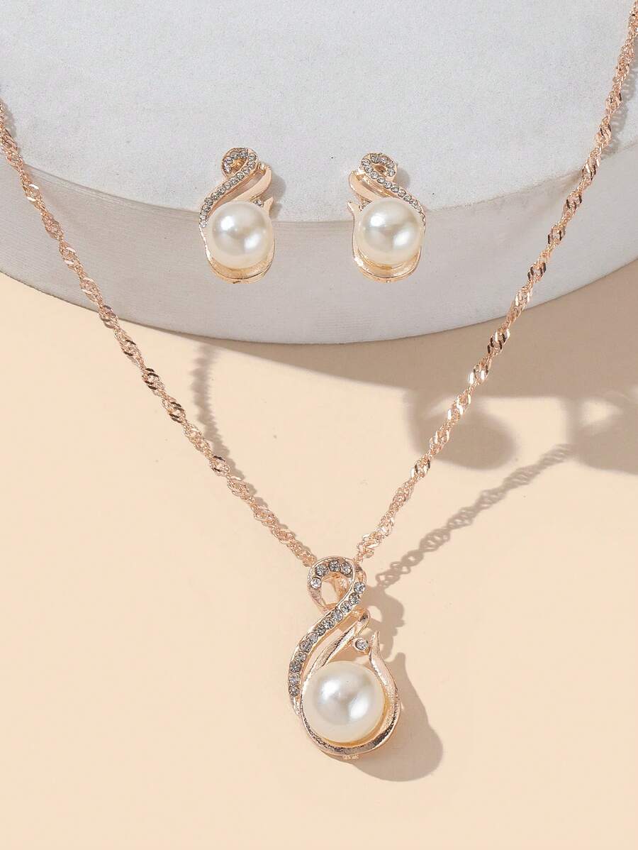1pc Charm Rhinestone & Faux Pearl Water Drop Pendant Necklace And 1pair Earrings For Women, Holiday Birthday Present