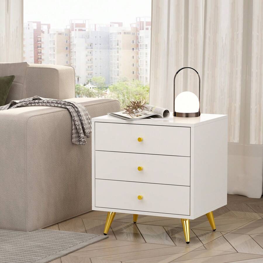 Morden Nightstand End Side Table With 3 Drawers, Bedside Table With Metal Legs, White