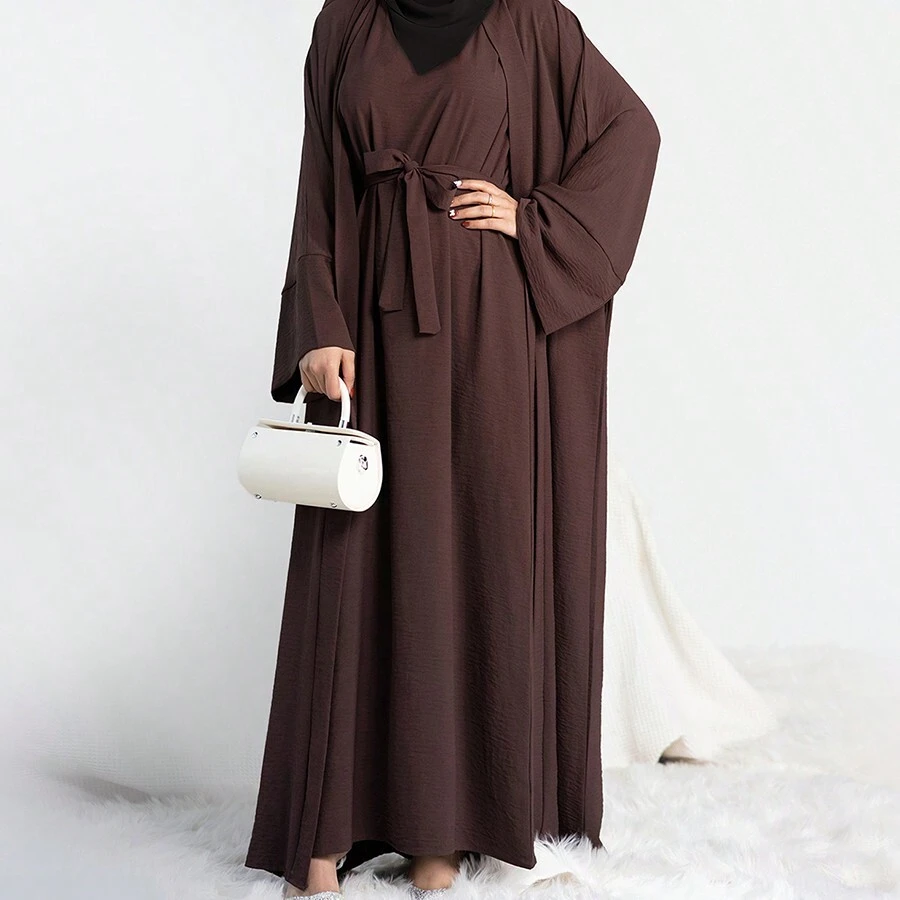 3 stuks/set Elegant pak, effen mouwloze lange jurk, elastisch materiaal, met vest, lange jurk en hoofddoek, geschikt voor dagelijks gebruik en festivals Hoofdband Zachte hijab voor abaya