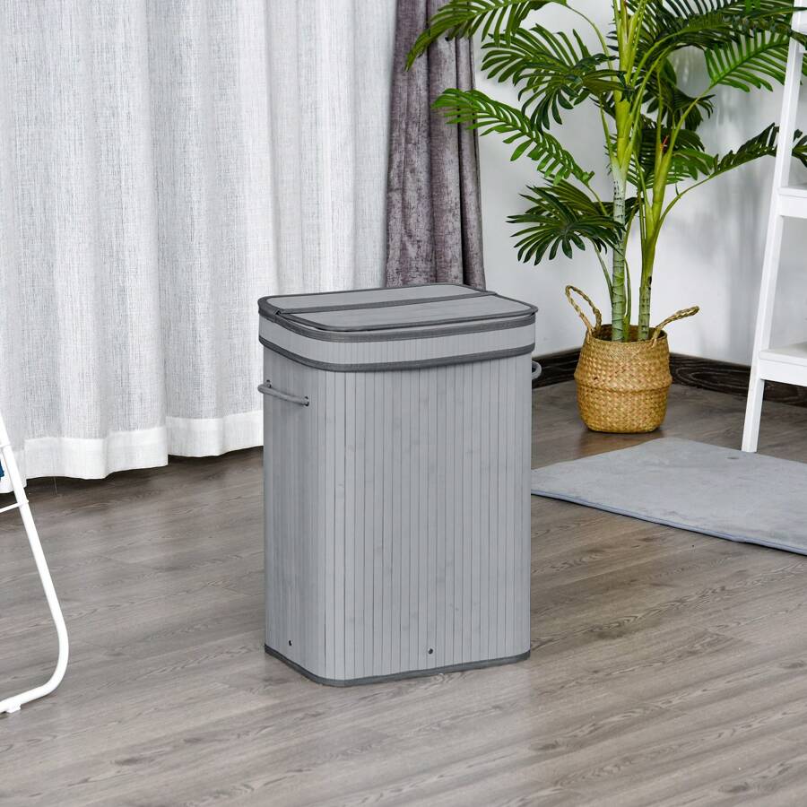 HOMCOM 70L Natural Wood Laundry Basket A Compartment W/Flip Lid Removable Lining Handles Board Base Foldable Durable Water-Resistant Dirty Clothes Storage Home Organisation Grey
