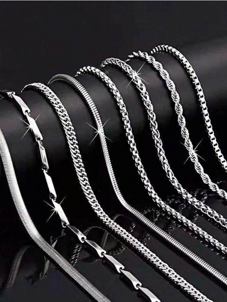 8 Stylish Stainless Steel Men's Titanium Steel Box Chain Necklace Flat Snake Chain Keel Chain Water Wave Chain Stainless Steel Collarbone Necklace Jewellery Set For Men's Daily Use