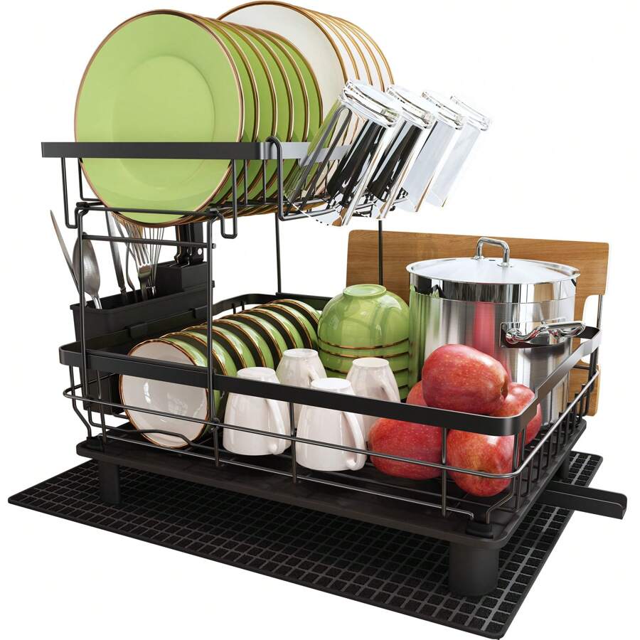 Escurreplatos de 2 niveles Escurreplatos de acero inoxidable para encimera de cocina con soporte para utensilios, estante para platos grande con soporte para bebidas, soporte para tabla de cortar y tapete de secado (negro)