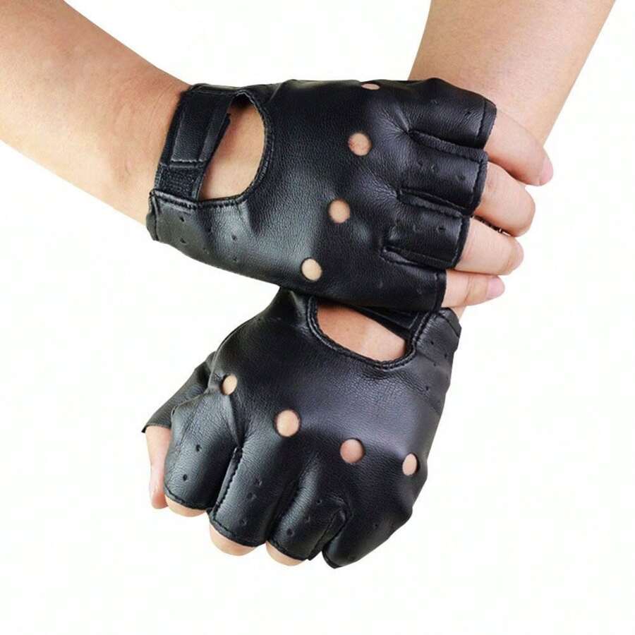 1Pc Men Unisex Artificial Leather Half-Finger Gloves Theatrical Punk Hip-Hop Driving Motorcycle Performance Party Fingerless Mittens