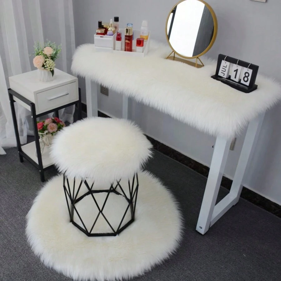 1pc White Faux Knitted Circular Cushion Seat, Thickened Plush Rug, Sofa Decorative Floor Mat For Window ,Room Decor