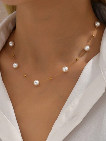 1pc Faux Pearl Chain Short Necklace With Metallic Beads Spacing Design, Suitable For Ladies To Wear In Daily Life