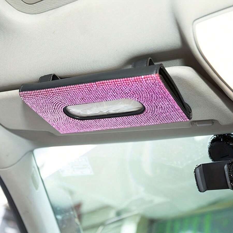 1pc Bling Rhinestone Car Sun Visors Hanging Tissue Box, Car Interior