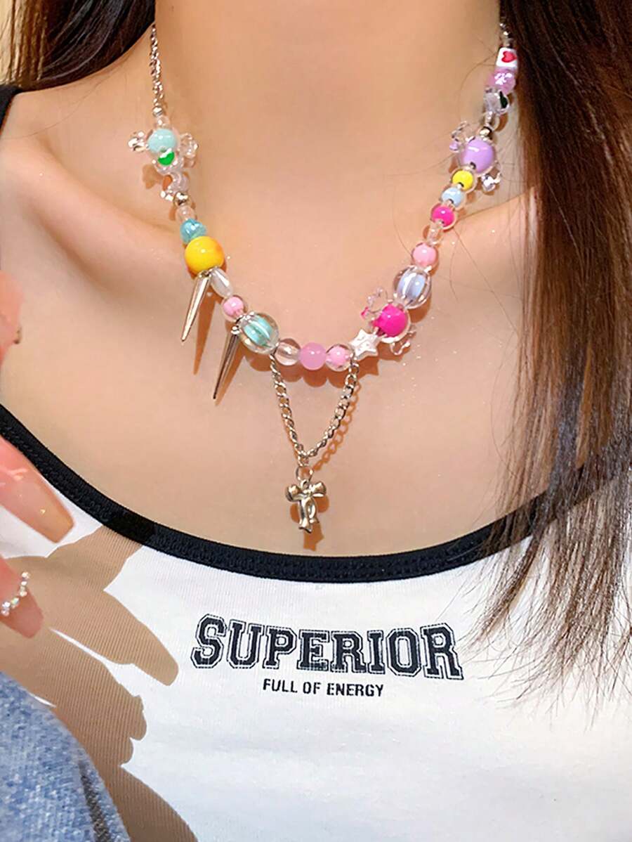 Collier ras-de-cou Dopamine Y2K pour femmes, collier ras-de-cou bonbon coloré, collier décoratif de perles en forme d'étoile et de lune mignon, bijoux faits main en résine et fleurs pour adolescentes