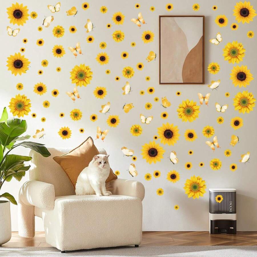 1pc Sunflower Wall Sticker Self-Adhesive Flower & Butterfly Decoration Pvc Vintage Removable Diy Wall Decal For Bedroom, Kitchen, Classroom And Living Room, Stickers, Wall Decal, Vinly Decal For Home Decorations, Spring Decoration Items Refresh Your Home, Rama Decoration Stickers Gifts Birthday Graduation