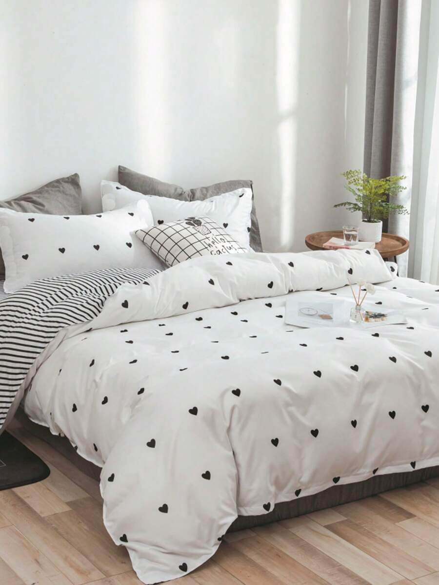 3 pièces Ensemble de literie en forme de cœur noir (1 pièce housse de couette + 2 taies d'oreiller), excluant la couette et les insertions d'oreiller, doux et confortable, convient pour un lit simple/double/double, lavable en machine, décoration de chambre, cadeau de fête