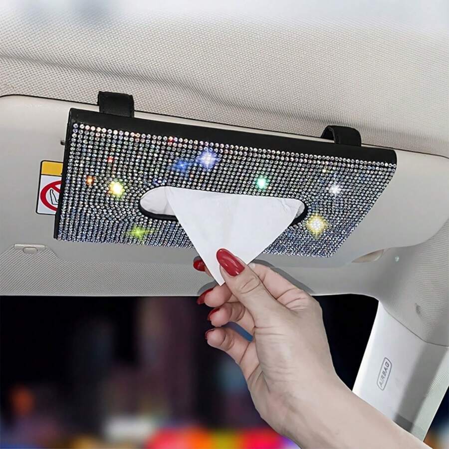 1pc Bling Rhinestone Car Sun Visors Hanging Tissue Box, Car Interior