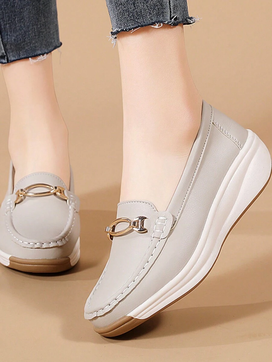 Mocassins à semelle épaisse pour femmes, chaussures de maman cousues à la main douces pour le printemps/automne, chaussures à talons compensés de couleur unie