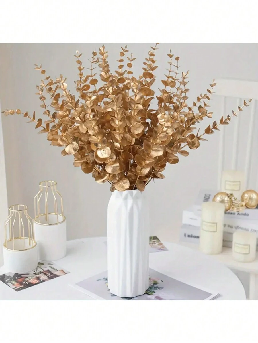 20Pcs Artificial Eucalyptus Stems Gold Faux Eucalyptuses Branch Real Touch Leaf Gold Wedding Bouquet For Indoor Outdoor Home Hall Table Centerpieces Garden Wedding DIY Decor
