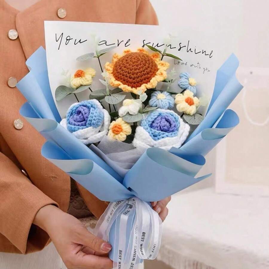 1 buchet de fire de floarea soarelui lucrat manual, buchet de flori tricotate cadou pentru prieteni, ziua de nastere, fete
