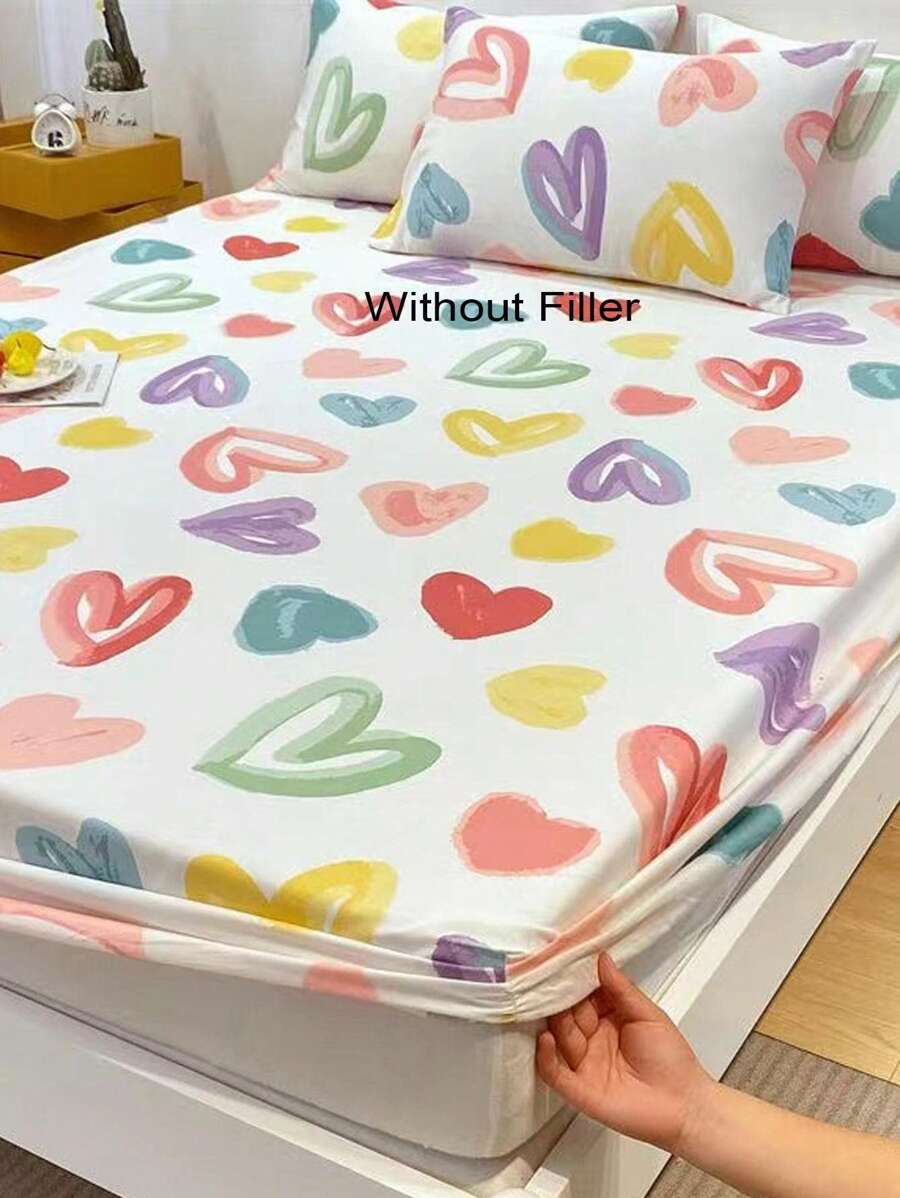 3pcs Heart Print Fitted Sheet Set, 1pc Fitted Sheet And 2pcs Pillowcase, Pillow Insert Not Include, Modern Bedding Set, For Bedroom