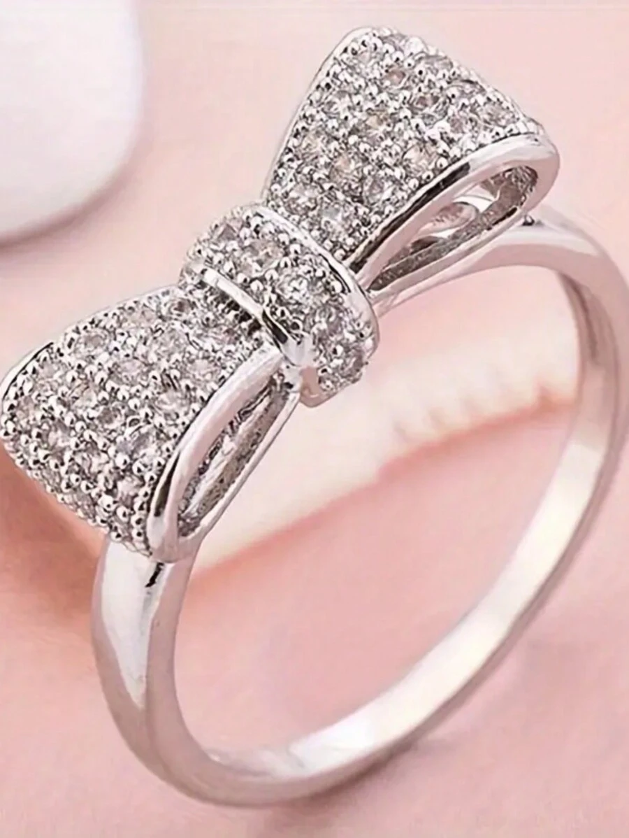 Bague De Promesse Élégante Pour Femmes, Nœud Papillon En Zircone Cubique Plaqué Argent, Bijoux De Mariage Et D'engagement