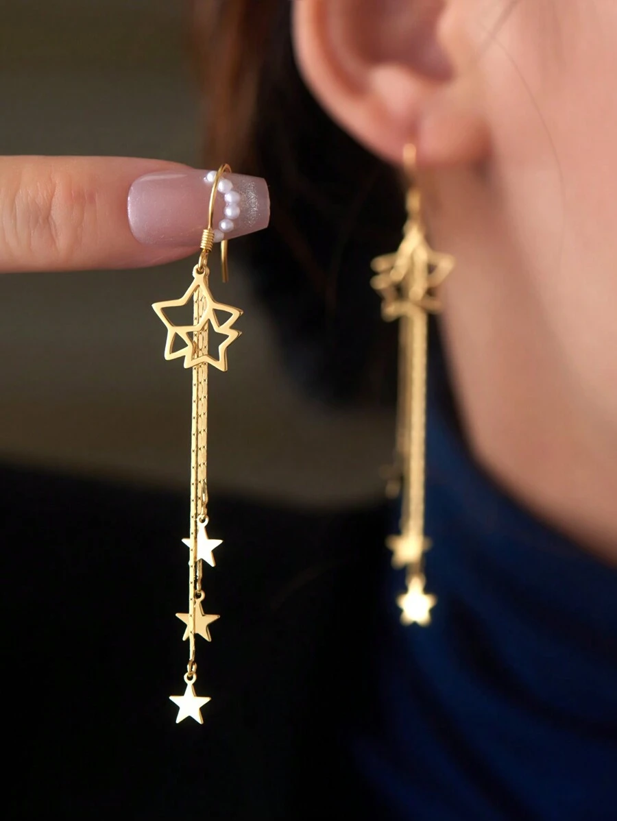 1 Pair Exquisite 925 Silver Star Earrings Long Chain Dangle Tassel Earrings Gold Plating Earrings For Women's Daily Wear Holiday