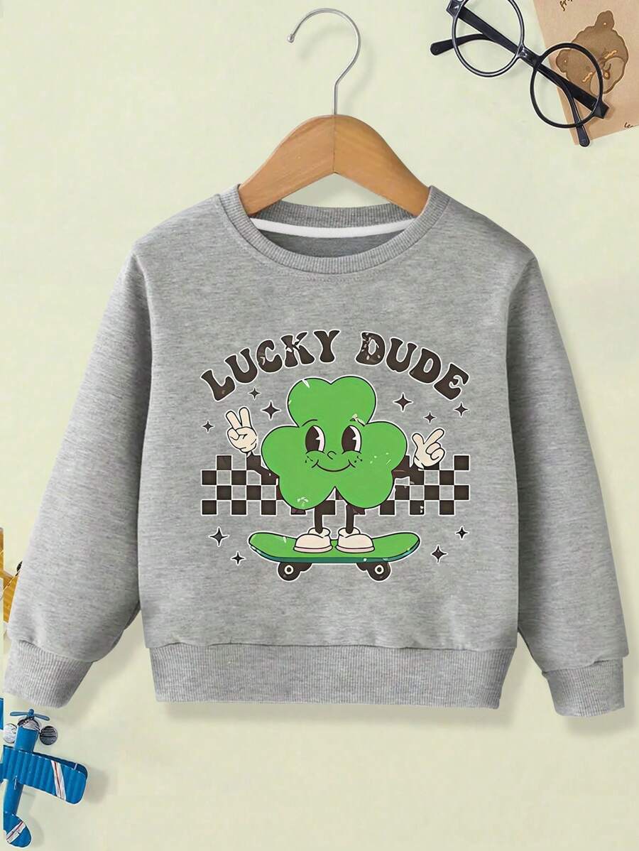 Young Boy Casual Streetwear Lucky Clover Letter Printed Crewneck Sweatshirt, Autumn/Winter
