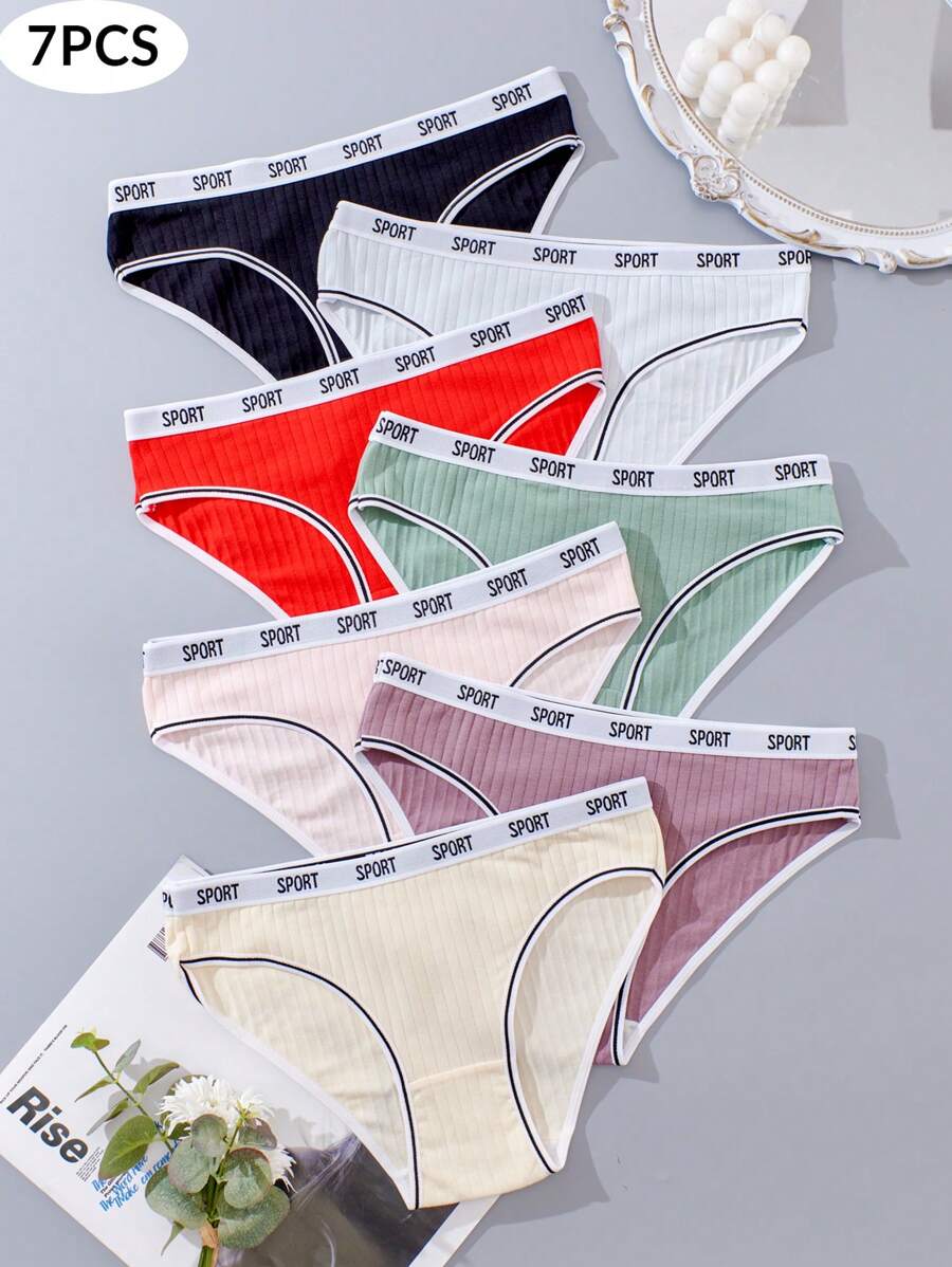 APRSEA 7pcs/Pack Ladies' Comfortable Low Rise Sexy Triangle Briefs With Letter Printed Elastic Bands, Ideal For Sports And Casual Wear